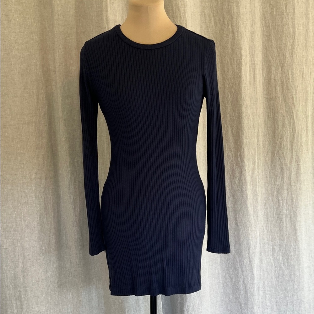 Reformation Navy Ribbed Long Sleeve Dress
